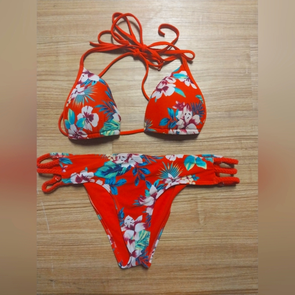 Hollister Red Floral Bikini Top